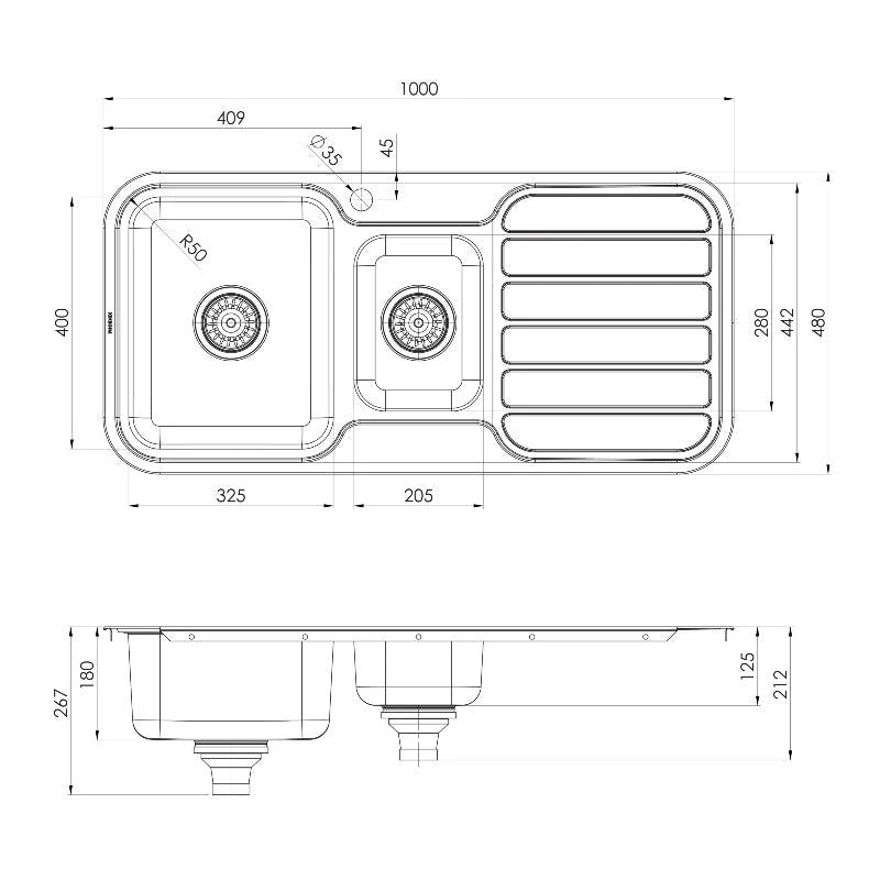 Phoenix 1000 Series 1 and 1/3 Left Hand Bowl Kitchen Sink with Drainer - Stainless Steel - Image 3