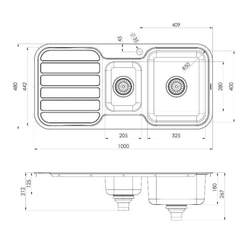 Phoenix 1000 Series 1 and 1/3 Right Hand Bowl Kitchen Sink with Drainer - Stainless Steel - Image 3